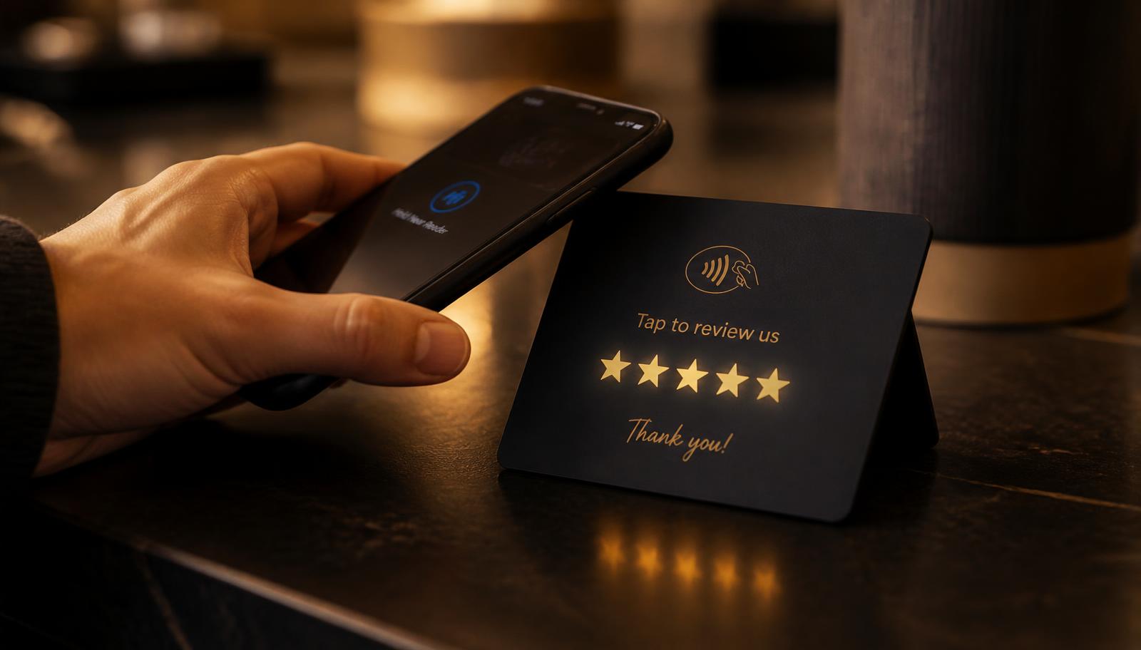 Customer tapping their phone on a RateRev NFC review card